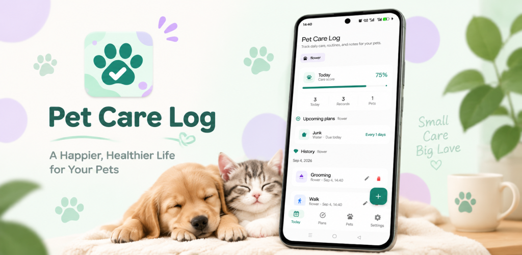 Pet Care Log shown on a phone beside a sleeping puppy and kitten