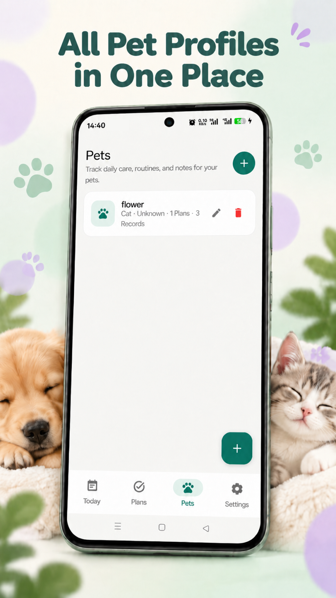 Pet Care Log pet profiles screen