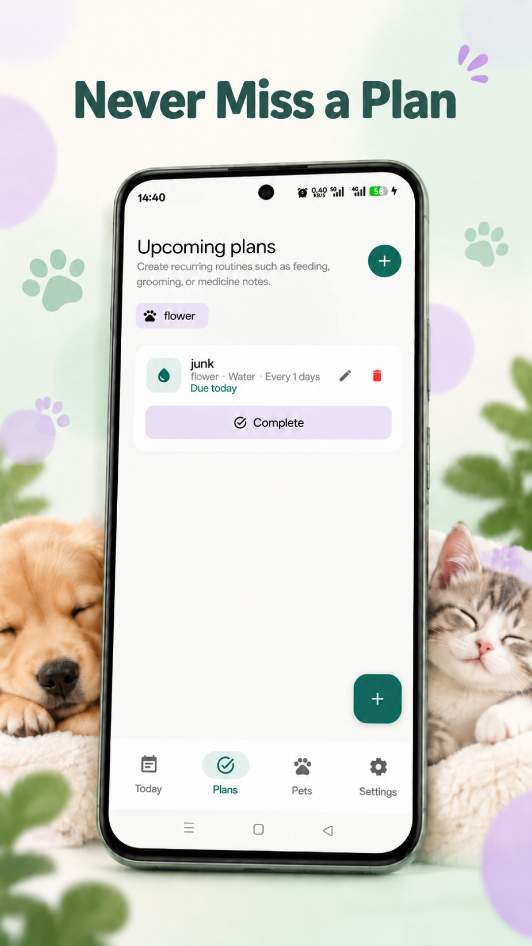 Pet Care Log recurring plans screen