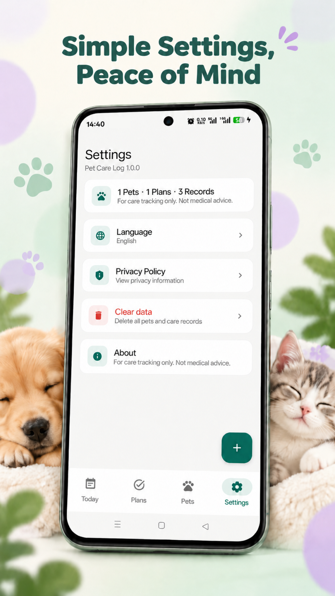 Pet Care Log settings screen