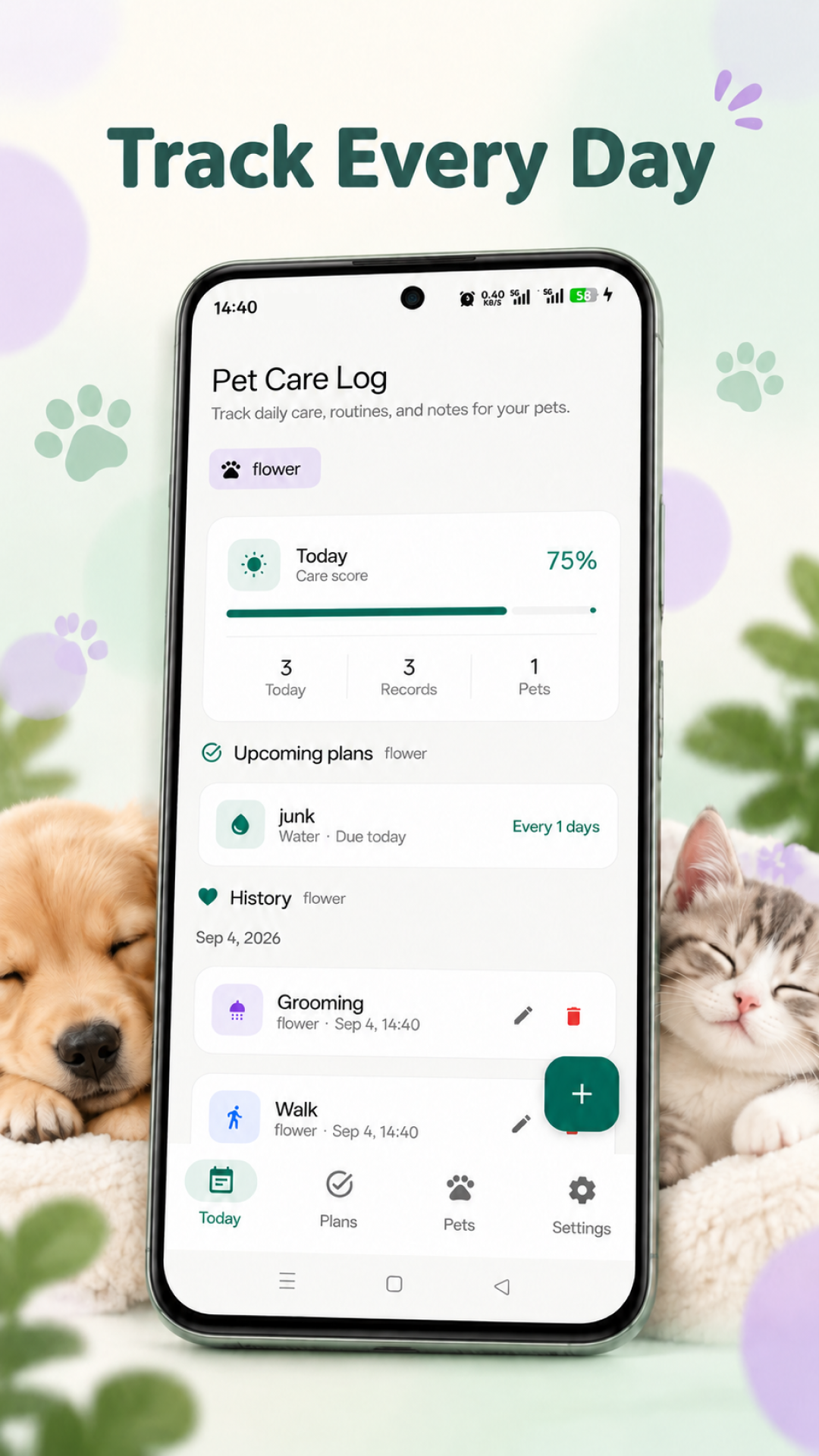 Pet Care Log daily overview screen